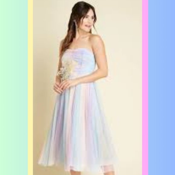 ModCloth Strapless Pastel Rainbow Mesh Sweetheart Midi Dress NWT - Picture 1 of 5